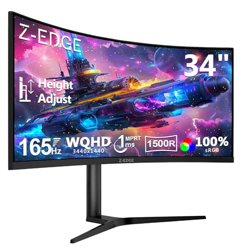 Z-Edge 34 Zoll Ultrawide Curved Gaming Monitor 165Hz (DP) 100Hz (HDMI) 1ms MPRT, 21:9 WQHD 3440x1440 R1500 Curved VA Panel, Höhenverstellbar, FreeSync, HDMI, DisplayPort, Pip & PBP, Schwarz