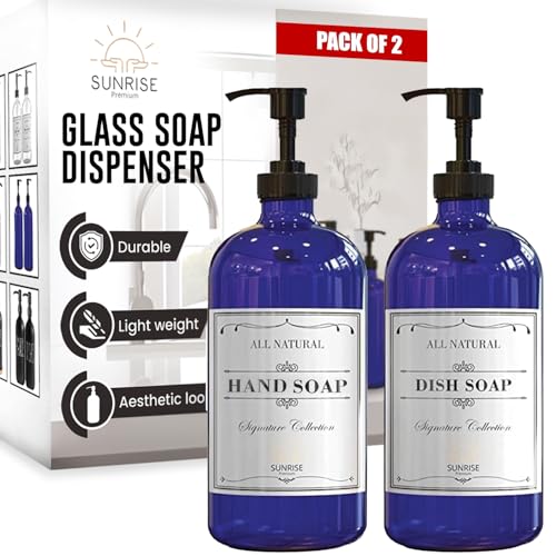 Image of Sunrise Premium 16 OZ Cobalt Blue Glass Soap Dispenser with Pump 2 Pack, Hand and Dish Soap Dispenser Set for Bathroom and Kitchen Sink with 6 Waterproof Labels