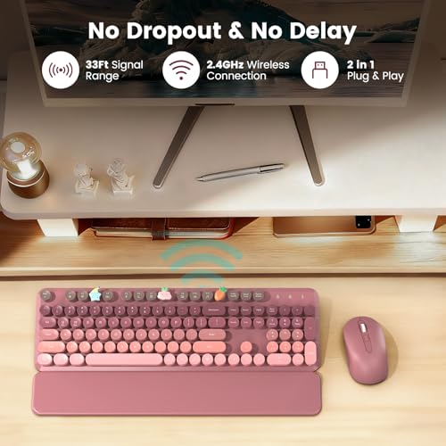 Image of Wireless Keyboard and Mouse Combo, Round Keycaps, Full-Size Retro Typewriter Keyboard with Magnetic Wrist Rest, Tilt Legs, 2.4GHz Cordless for Mac, Windows PC, Laptop, SABLUTE CK23, Dusty Rose Ombre