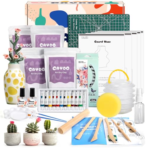 Caydo Lufttrocknendes Ton-Set für Erwachsene & Anfänger – Komplettes Töpfern-Set mit Werkzeugen, Acrylfarben, Lack & Anleitung – Ideal für Zuhause & Weihnachten