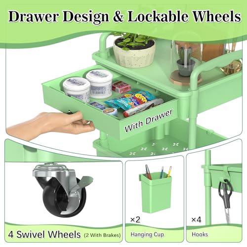 Image of SUNALLY 4 Tier Rolling Utility Cart with Drawer, Storage Organizer Cart with 2 Lockable Wheels, Multifunctional Rolling Storage Cart for Bathroom, Kitchen, Craft, Makeup, Baby Essentials, Green