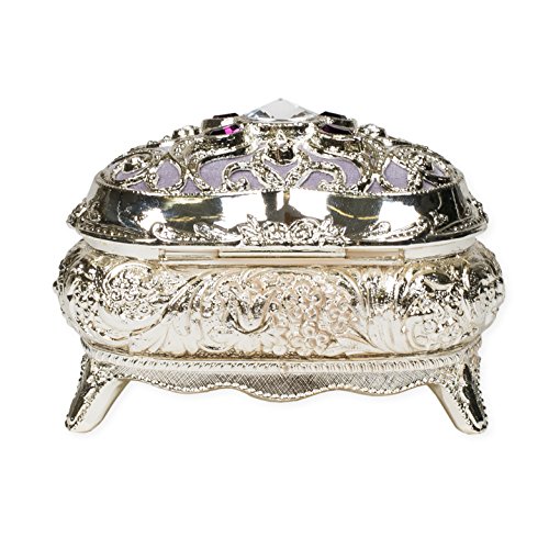 Lavender Purple Velvet Heart Shaped Silver Tone Metal Music Box Plays All I Ask of You