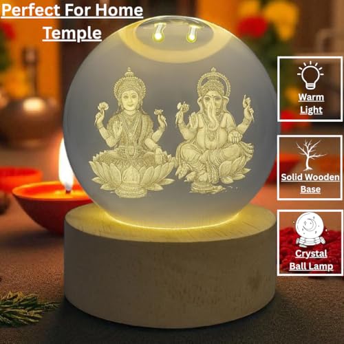 Image of ANTORCHE Lakshmi Ganesh Crystal Ball Lamp with Wooden Base | 3D Engraved LED Night Light for Home Decor, Puja Room & Diwali Gift & Festivals