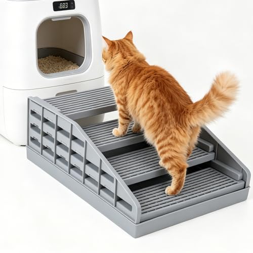 Adjustable Litter Box Ramp Elevated Cat Ramp/Stairs with Filter Function Litter Box Step for Small & Elderly Cats Fits Automatic Litter Boxes (Light Grey)