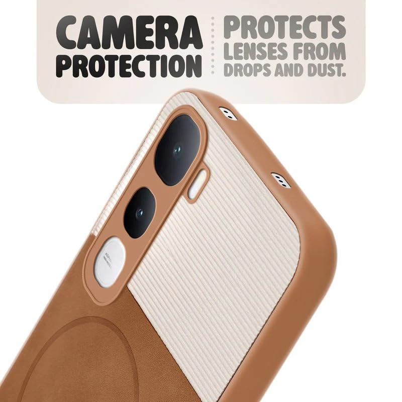 Image of Bintage case Dual-Leather Macc-Safe Design Phone Case| Soft Touch Finish | Full Camera Protectection Back Cover Compatible for Vivo V2506 / Vivo Y400 5G - White & Nut Brown