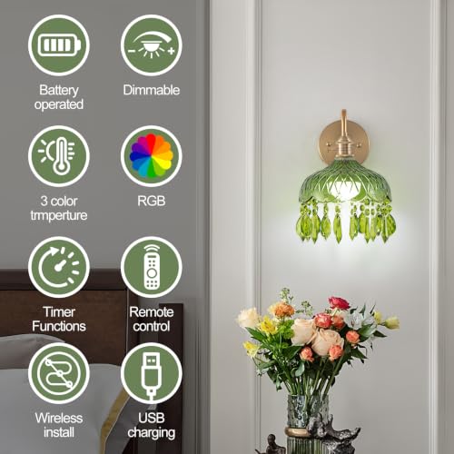 Image of Vintage Battery Operated Wireless Wall Sconces, Rechargeable Battery Brass Wall Lights,Luxury Corridor Lamp with Remote for Dining Room Hallway Living Room, Set of Two Green