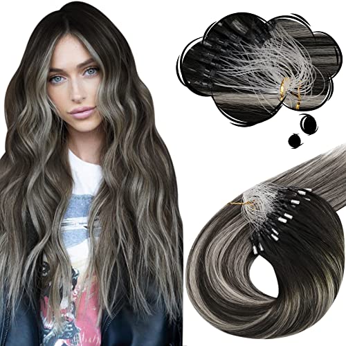Moresoo Micro Ring Hair Extensions Real Human Hair Ombre Black to Silver Micro Loop Human Hair Extensions Micro Beads Hair Extensions Silky Soft 1g/Strand 50g/Pack #1B/Silver/1B 22 Inch