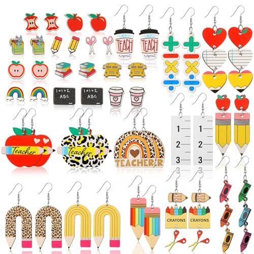 24 Pairs Teacher Earrings Appreciation Teacher Gifts Acrylic Studs Colorful Spring Pencil Apple Rainbow Shaped Dangle Earrings Lightweight for Women