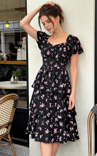 Image of Belle Poque Women's Vintage Square Neck Dress 2026 Summer Short Sleeve Layered Tiered Ruffle A-line Swing Midi Dress