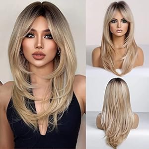 HAIRUCBE Ombre Blonde Wigs for Women Long Curly Heat Resistant Synthetic Wigs with Bangs