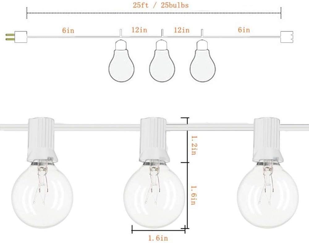 Abeja Outdoor Frosted String Lights G40-25Ft with 27 Clear Bulbs, UL Listed for Patio Garden Umbrella Bars Balcony Party Decor Indoor, E12 Base, 5W, White