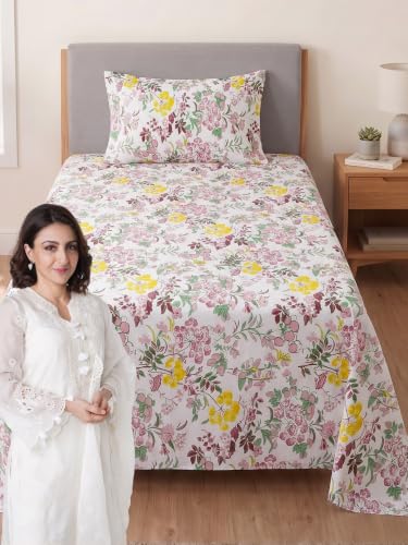 Image of Mafatlal 144 TC Fern Single Bed Sheet 90 x 60 Inch | Designer Printed Bedding | Comfortable Soft Fabric | Attractive Bedroom Cover | Daily Home Use | Easy Wash | Pillow Cover|Dusty Pink