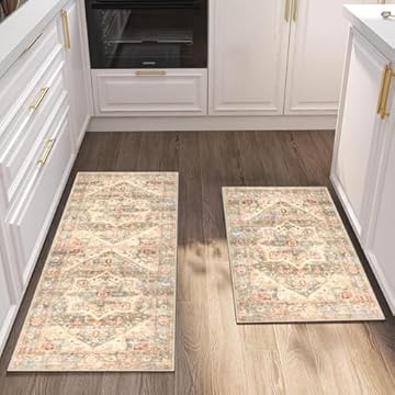 Cekene Vintage Carpet Runners for Kitchen Non-Slip Distressed Kitchen Rug Runner Machine Washable Short Pile Floor Mat for Kitchen Entryway Bedroom Laundry Room(Green,50x80cm+50x120cm)