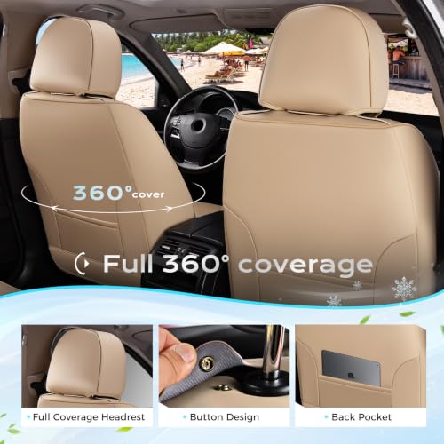 Image of Coverado Seat Covers Full Set, 5 Seats Universal Seat Covers for Cars, Beige Car Seat Covers Front Seats Back Seat Cover, Breathable Car Seat Cushion, Leather Seat Cover Seat Protector Fit Most Cars
