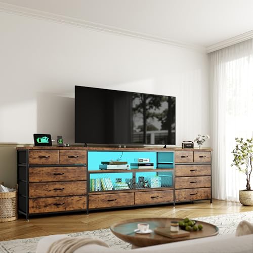 Image of EnHomee 71 inch Long TV Stand for 85 /80 /75 inch TVs with LED,Power Strip,12 Drawers | Rustic Brown Entertainment Center with Open Wooden Shelf, Spacious Storage,Sturdy Metal Frame for Bedroom Living Room