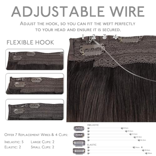 Image of WENNALIFE Wire Hair Extensions Real Human Hair 18 inch 95g Natural Looking Easy to Apply Reusable for Volume and Length Black Chestnut Brown Remy Hair Extensions Invisible Transparent Wire Real