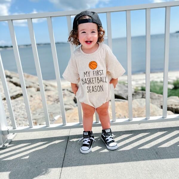 Newborn Baby Girl Boy Clothes Basketball Short Sleeve Letter Print Bubble Romper One Piece Bodysuit Summer Outfit - Image 2