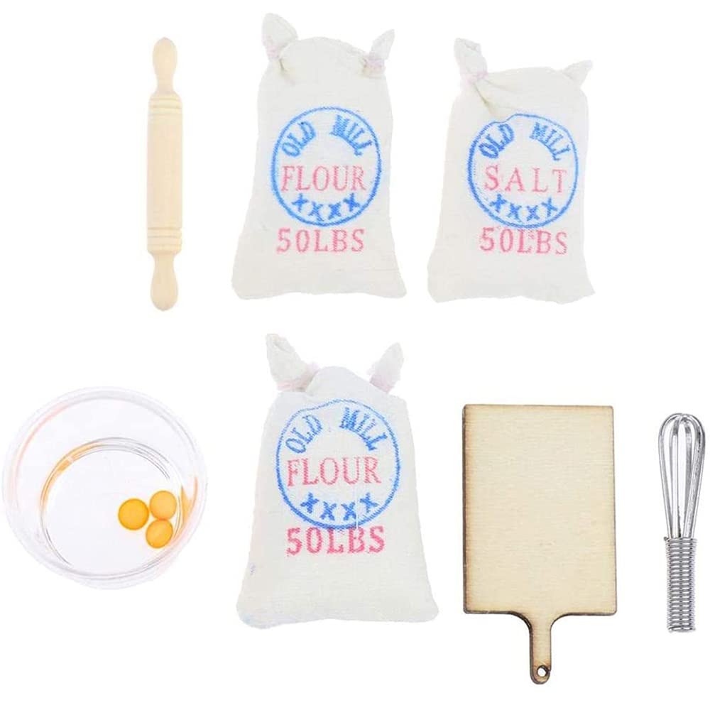 Cenpek White 7Pcs 1:12 Dollhouse Miniature Flour Salt Bags Eggbeater Model Baking Set Food Baking Scence Bread Making Set Miniature Food Dollhouse Accessories