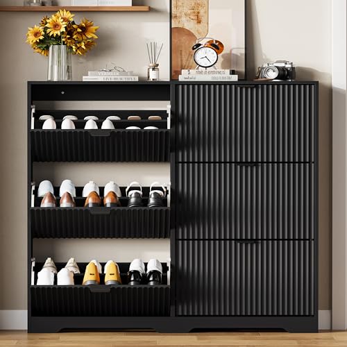 Image of HUANLEGO Shoe Cabinet Storage for Entryway with 6 Flip Drawers, Black Fluted Shoe Cabinet with Adjustable Shelves, Wooden Hidden Shoe Rack Freestanding Narrow Slim Shoes Storage for Hallway, Entrance