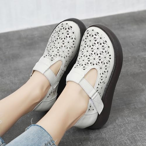 Image of Women's Leather Hollow Platform Rocking Walking Orthopedic Loafers with Adjustable Hook and Loop Comfort Round Toe Breathable Soft Non-Slip Bottom Chunky Wedge Heel Slip-On Casual Sneakers