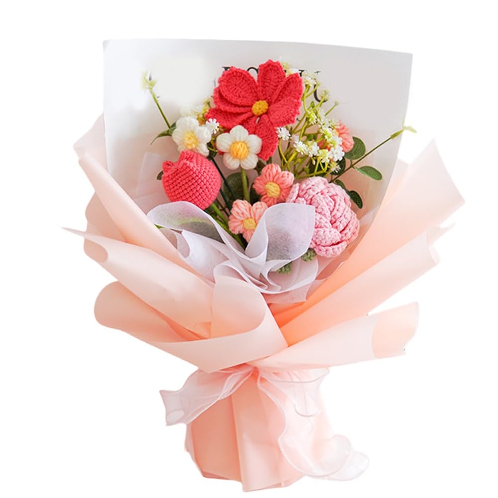Bouquet di fiori artificiali lavorati a maglia, decorazione artigianale per la festa della mamma