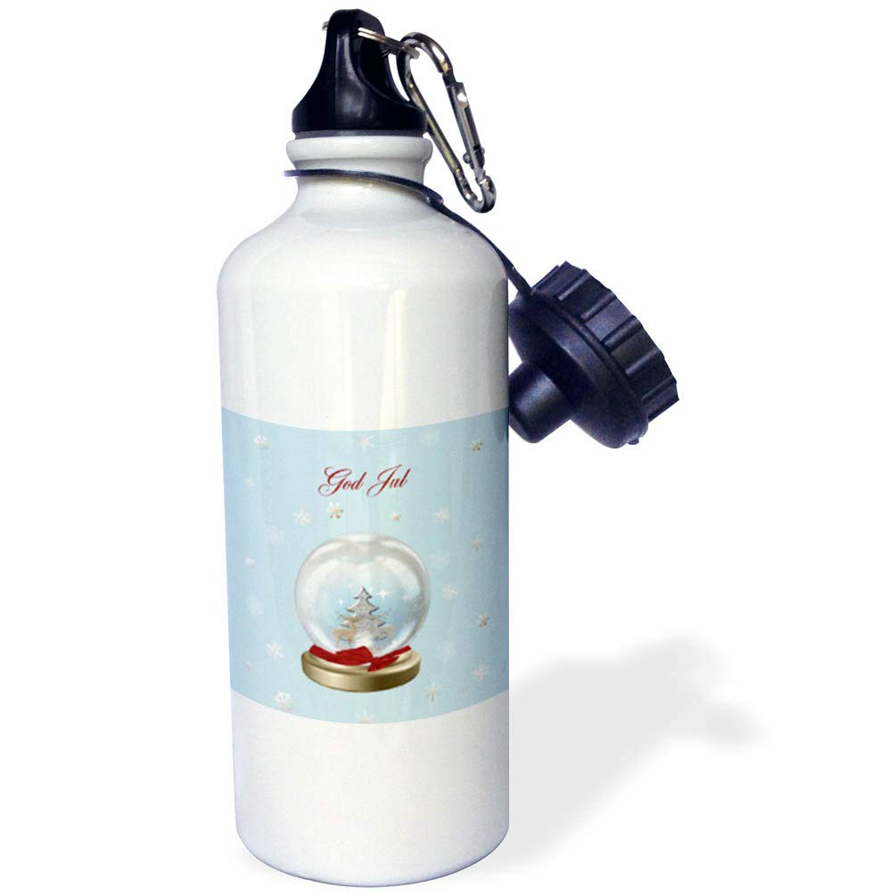 3dRose Snow Globe Deer Tree and Snowflakes Merry Christmas in Swedish Sports Water Bottle 21 oz White