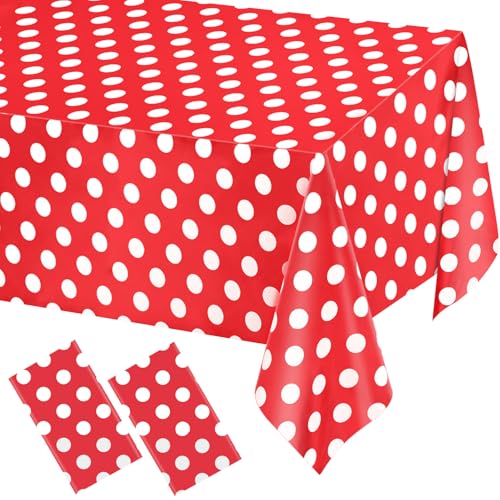 Image of WNINK 2 Pack Red and White Polka Dot Tablecloths - Disposable Plastic Waterproof Table Cover, 54 inch x 108 inch, for Birthday, Wedding, Bridal Shower, Bachelor Party, and Picnic