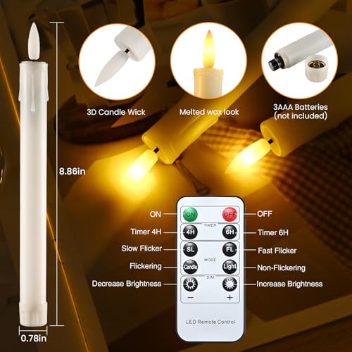Image of JOSU LED Flameless Taper Candles with Remote Timer, 6 Pcs Ivory Fake Candlesticks Battery Operated 3D Flickering, Realistic Electric Candles Warmer Lamp Light for Wedding Party Home Decor, 0.78 inchx8.86 inch
