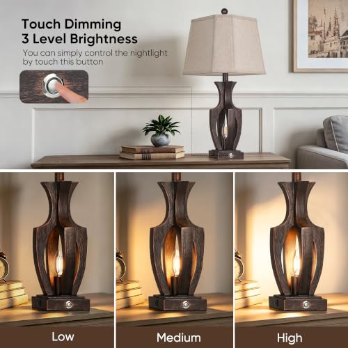 ROTTOGOON 26" Farmhouse Table Lamps Set of 2, 3-Way Touch Dimmable Nightstand Lamp with USB A+C Charging Port, Vintage Bedside Lamps with Dual Light Sources for Bedroom Nightstand End Table (Bronze) - Image 2