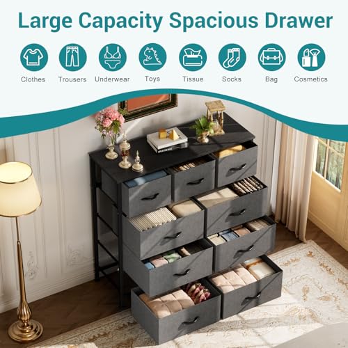 Image of OLIXIS 9-Drawer Fabric Storage Dresser Chest Organizer Unit, Grey | Sturdy and lightweight fabric drawers with easy-pull handles,Space-saving versatile organizer for clothes, bedroom