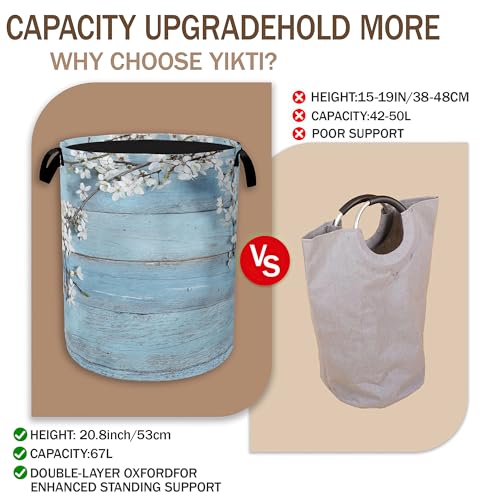 Image of Spring Flowers Laundry Hamper,Rustic Blue Woodboard Clothes Hamper for Laundry,Waterproof Oxford Toy Storage Collapsible Hampers for Bedroom, Dorm Room,Bathroom,16x20 Inch
