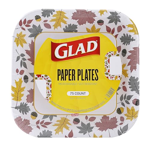 Glad Square Disposable Paper Plates Falling Foliage Autumn Leaf Pattern - Soak Proof Microwave Safe Cut-Resistant Seasonal Dinner Plates for Fall and Thanksgiving 8.5 Inch 75 Count