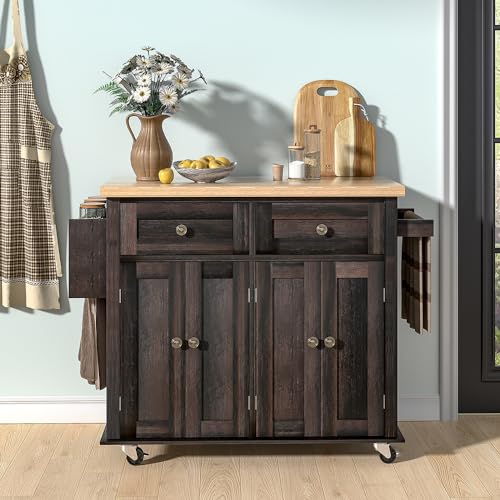 Isla de cocina grande con ruedas con armario de almacenamiento, ruedas de 360°, 2 estantes, 2 cajones, carrito de almacenamiento de cocina, color marrón oscuro, 90 x 40 x 83 cm