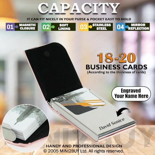 Image of Engraved Your Name Customized On Vertical Card Holder -Luxurious Unisex Design-RFID Blocking Stainless Steel 1 x 10 x 6 cm for Credit|Debit|ATM|Business Visiting Corporate Gift (Pink-PTI)