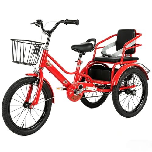 Triciclo tándem con doble freno, asiento trasero para pasajero con cinturón, manillar y sillín ajustables, triciclo para niños 3 a 11 años, bicicleta 3 ruedas, rueda con radios de 16/18/20 pulgadas