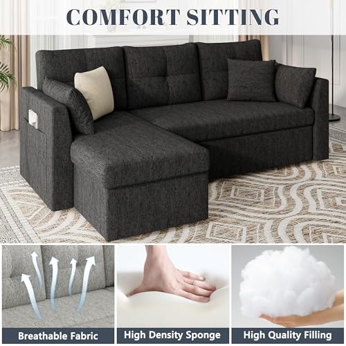 Image of Huatean Home Sleeper Couch Sofa, Sectional Sleeper Sofa Bed with Side Pocket for Living Room, 2 in 1 Pullout Couch Bed with Storage Chaise, Black