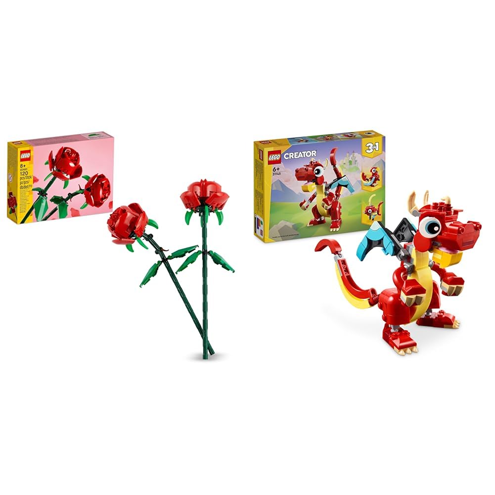 LEGO Creator Rosas Set de Flores Artificiales Compatible con Ramos, Regalo de San Valentín & Creator 3 en 1 Dragón Rojo de Juguete Convertible en Figura de Pez o Ave Fénix
