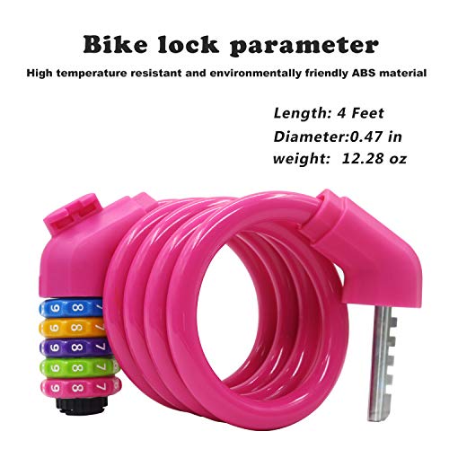 Idealux Sport Bike Lock Cable, 4-Feet Bicycle Cable Lock With 5-Digit High Security Combination Heavy Duty Bike Cable Lock Pink #TOP1