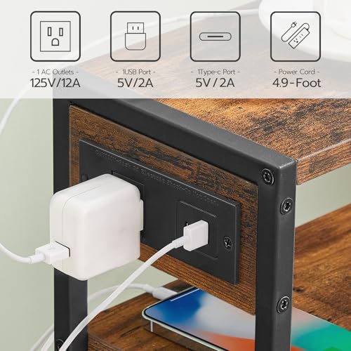 Image of HOOBRO Small Narrow Side Table with Charging Station Set of 2, Skinny End Table for Small Spaces, Slim Nightstand with USB Ports Outlet, Sofa Beside Table with Storage Shelf BF102UBZP201