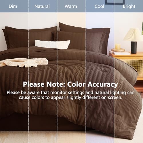 Image of CozyLux Full Size Comforter Sets Brown, 7 Pieces Seersucker Textured Luxury Bed in a Bag, All Seasons Soft Bedding Sets with Down Alternative Comforter, Sheets, Pillowcases & Shams, Bedroom Bed Set