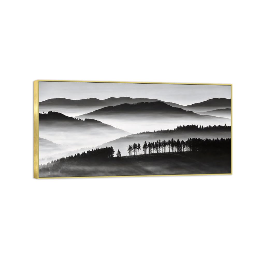 Tree Mountain 3 Black White Landscape Canvas Picture 20x40cm Gold Frame