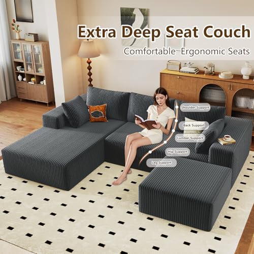 Image of 96 inch U-Shape Cloud Couch, Modern Modular Sectional L-Shape Sofa with Ottoman, Corduroy Upholstered Couches Deep Seat Chaise Longue for Living Room, No Assembly Required(Dark Gray, Left Facing)