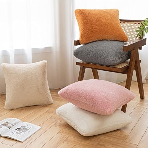I9U Beige Cushions 45cm x 45cm with Covers Included SET OF 4 (2 Fur Cushion Covers + 2 Cushion Inners) Bed Cushions Sofa Cushions 18x18 Decor Pillows Luxury Super Soft Rabbit Faux Fur Fluffy Cushions