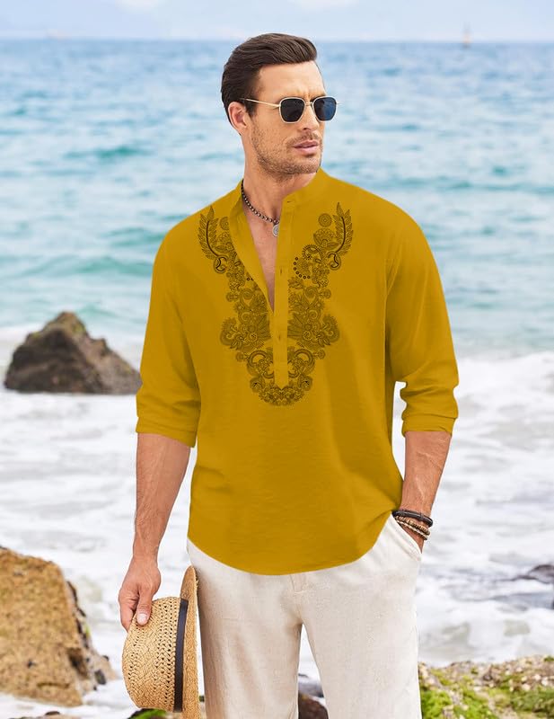 Image of FINIVO FASHION Men's Cotton Blend Short Kurta with Full Sleeves and Ethnic Neck Design | Casual Crinkle Texture Kurta with Mandarin Collar