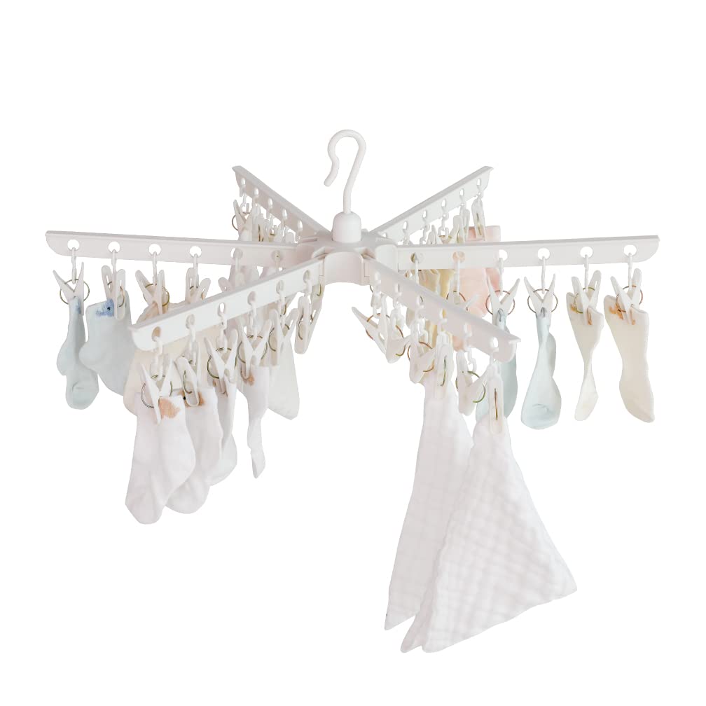 Hershii Folding Laundry Drying Stand Plastic Dryer Rack Hanging Clothes Hanger Drip Clothespins with 36 Clips Peg for Hanging Socks Underwear Gloves Diapers Baby Saliva Towels Bibs