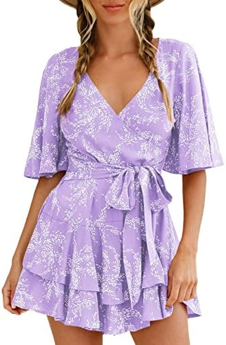 SPRIME Women's Floral Print Summer Rompers Wrap V Neck Double Layered Ruffle Hem Jumpsuit Short Sleeve Waist Tie Romper