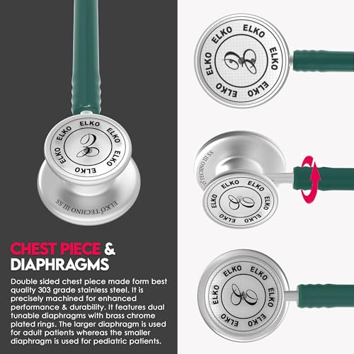 Image of ELKO TECHNO III SS Stainless Steel Stethoscope with ENGRAVING | Engrave Your Name or Initials on the Chest Piece | Lightweight Double-Sided Stainless Steel Chest piece | Two-Way PVC Tubing | Ideal for Doctors & Medical Students (Green)