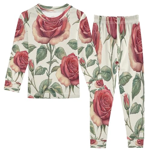 Pajama Sets Long Sleeve Vintage Rose Flower Soft Comfy Sleepwear 2 Piece PJS 3-8T