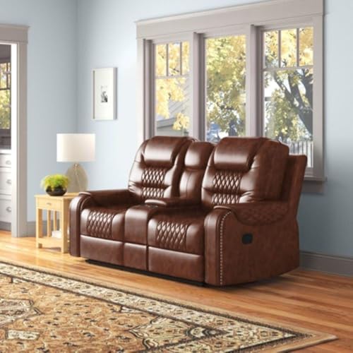Image of Torque - Mikkel Recliner Sofa 2 Seater with Cup Holder- Brown | Leatherette Two Seater Recliner Sofa with Center Console & Cup Holder for Home