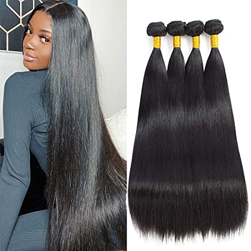 Straight Human Hair 4 Bundles Brazilian Straight Bundles 100% Unprocessed Virgin Hair Bundles 9A Straight Hair Bundles Natural Black (22 24 26 28 Inch)